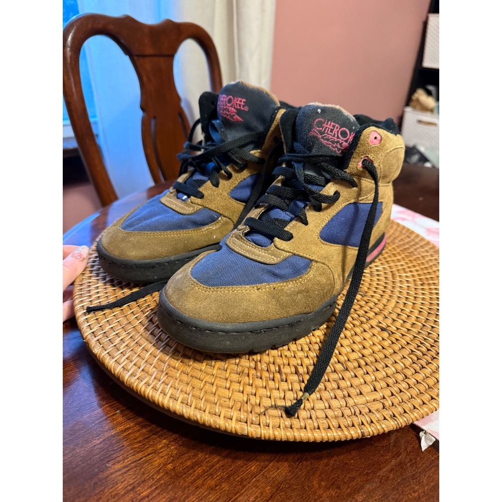 Vintage Cherokee Hiking Boots Tan Suede Blue Canvas High Top Pink Size 10